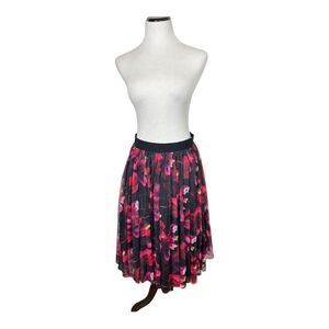 Esley Sz M Floral Black Pink Red Pleated Tulle Skirt Elastic Waist A-Line
